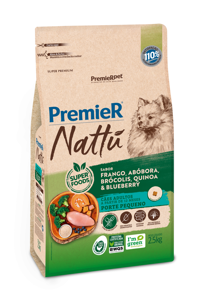PREMIER NATTÚ ADULTO RAÇAS PEQUENAS SABOR FRANGO, ABÓBORA