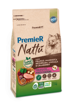 PREMIER NATT ADULTO RAAS PEQUENAS SABOR FRANGO,MANDIOCA, BETERRABA, LINHAA E CRANBERRY 2,5 KG
