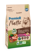PREMIER NATT ADULTO RAAS PEQUENAS SABOR FRANGO. MANDIOCA,LINHAA E CRANBERRY 1 KG